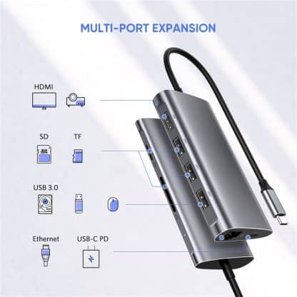 M-TECK 8-in-1 USB-C Hub Docking Station met HDMI + 3 x USB-3.0 + USB-C (Opladen)+ SD/Micro SD + Ethernet - Afbeelding 2