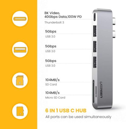 MacBook Air | Pro Dock met SD/MicroSD kaartlezer + 3 x USB3.0 + Thunderbolt 3 - Afbeelding 6