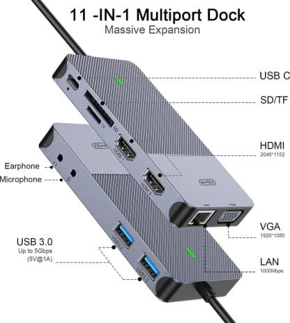 M-Teck Portable USB-C Docking Station - 2 x HDMI - 1 x VGA - 2 x USB-A - Ethernet - Kaartlezer - Audio In/Uit - Geschikt voor alle type MacBooks en Laptops - Afbeelding 14