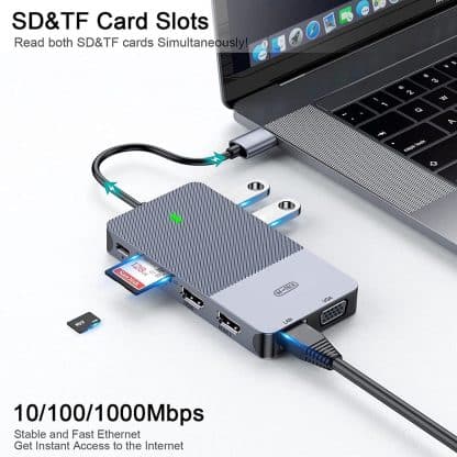 M-Teck Portable USB-C Docking Station - 2 x HDMI - 1 x VGA - 2 x USB-A - Ethernet - Kaartlezer - Audio In/Uit - Geschikt voor alle type MacBooks en Laptops - Afbeelding 13
