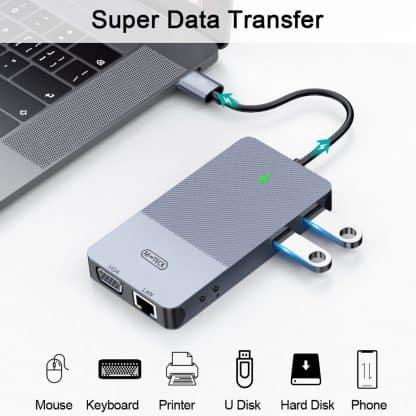 M-Teck Portable USB-C Docking Station - 2 x HDMI - 1 x VGA - 2 x USB-A - Ethernet - Kaartlezer - Audio In/Uit - Geschikt voor alle type MacBooks en Laptops - Afbeelding 7