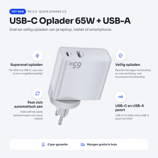USB-C Oplader 65W met extra USB-A