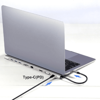 10-in-1 USB-C Docking Station met HDMI + VGA + 3 x USB3.0 + USB-C (opladen) + SD/Micro SD + Ethernet + 3.5mm audio
