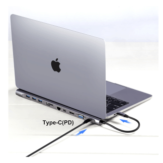 11-in-1 USB-C Docking Station met Mini-Displayport +HDMI + VGA + 3 x USB3.0 + USB-C (opladen) + SD/Micro SD + Ethernet + 3.5mm audio