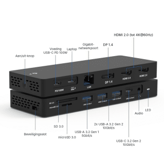 M-TECK Compact Laptop Docking Station 2 x HDMI - 1 x Displayport - 4 x USB 10Gbit/s - 1 x USB-C 10Gbit/s - Gigabit Ethernet - Audio - SD kaartlezer - 100W oplader - On/off Switch